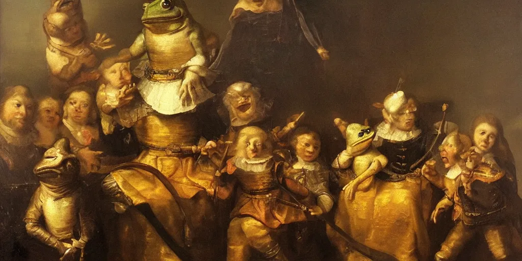 Prompt: A Royal Group of Frog sitting on thrones. He's holding a golden orb. Oil Painting, France 1785. Masterpiece 4k trending on artstation. In the style of Rembrandt