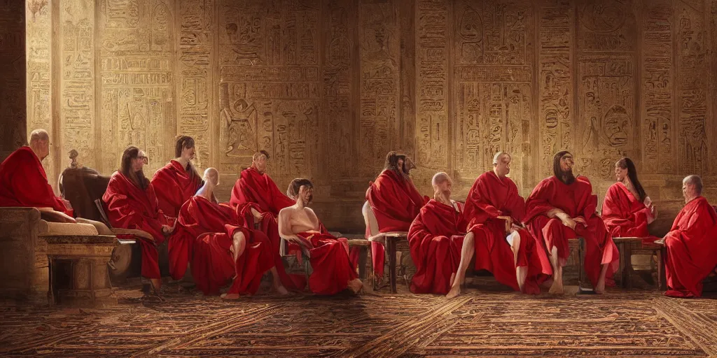 Image similar to beautiful oil matte portrait painting, ancient senators in red and white robes sit in tribunes, egyptian mosaic background, highly detailed, beautiful cinematic light deep focus, elegant, digital painting, smooth, sharp focus, golden ratio, dramatic illumination, art by aleksi briclot, rutkowski and caravaggio