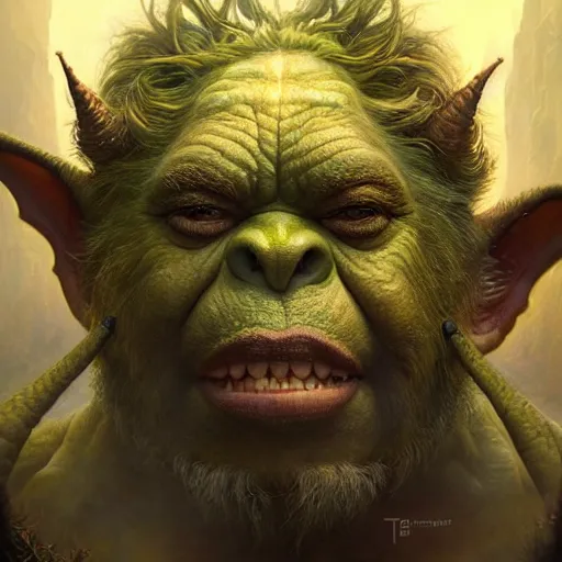 Image similar to a hyperrealistic illustration of a mix of an oger and giant and goblin, 8 k ultra realistic creature, detailed intricate, with fractal sunlight, award - winning, masterpiece, in the style of tom bagshaw, cedric peyravernay, peter mohrbacher