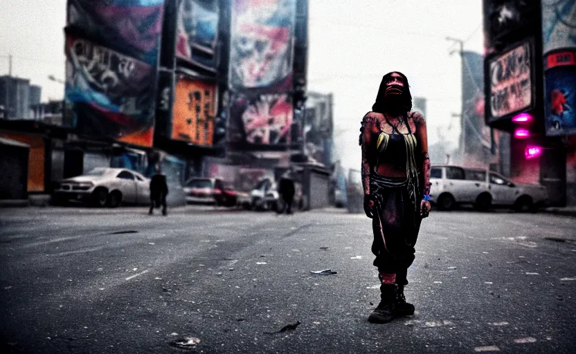 Image similar to Cinestill 50d candid photography of a city on fire, extreme wide shot of a poor techwear mixed woman wearing thick mascara and makeup crying outside of a futuristic city on fire, cyberpunk, tattoos, homeless tents on the side of the road, extreme long shot, desaturated, full shot, blurry, 4k, 8k, hd, full color