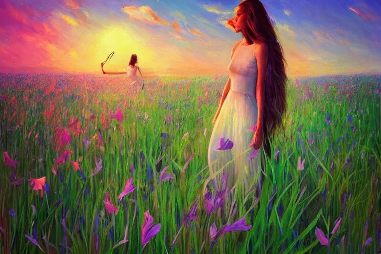 Image similar to giant gladiola head, girl walking in field of flowers, surreal photography, sunrise, blue sky, dramatic light, impressionist painting, digital painting, artstation, simon stalenhag