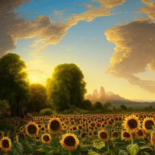 Prompt: the garden of the sun, an endless field of sunflowers in perpetual summer sunlight, touhou gensokyo by thomas cole, asher brown durand, greg rutkowski, highly detailed, soft lighting, rendered in octane