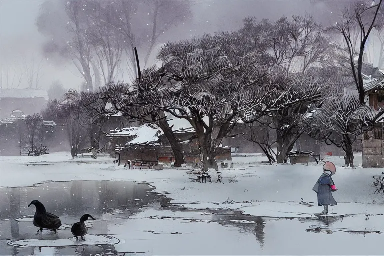 Prompt: a big mean goose, chinese village, trees, school, snow and winter watercolor, artastation ， soft lighting. by wenjun lin, tony sandoval