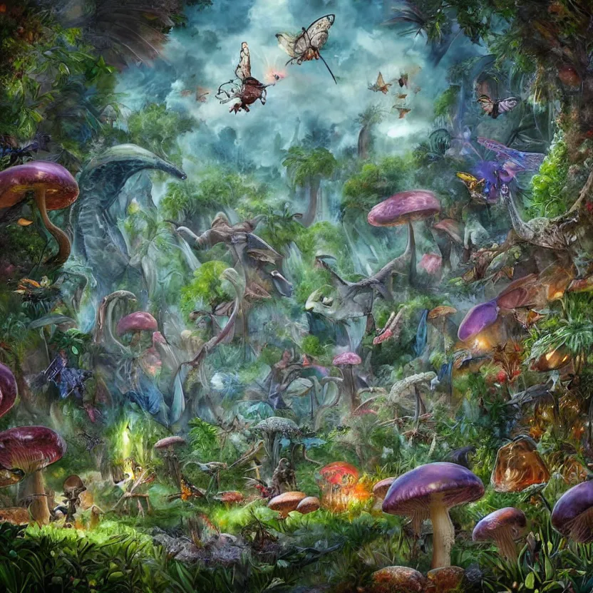 Prompt: a whimsical painting of fairies and butterflies with iridescent wings in a jurassic garden world with dinosaurs. giant mushrooms. dark atmosphere. pulp - science fiction art. fantasy art. trending on artstation