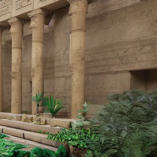Image similar to ancient egyptian palace with plants and waterfalls, 3 d render, octane