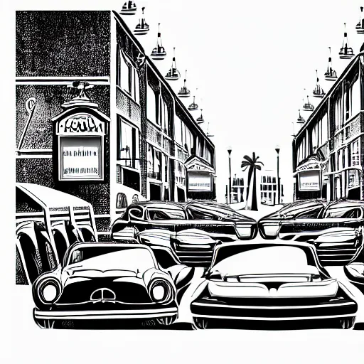 Image similar to book illustration of an old street with old cars, happy people, book illustration, monochromatic, white background, black and white image