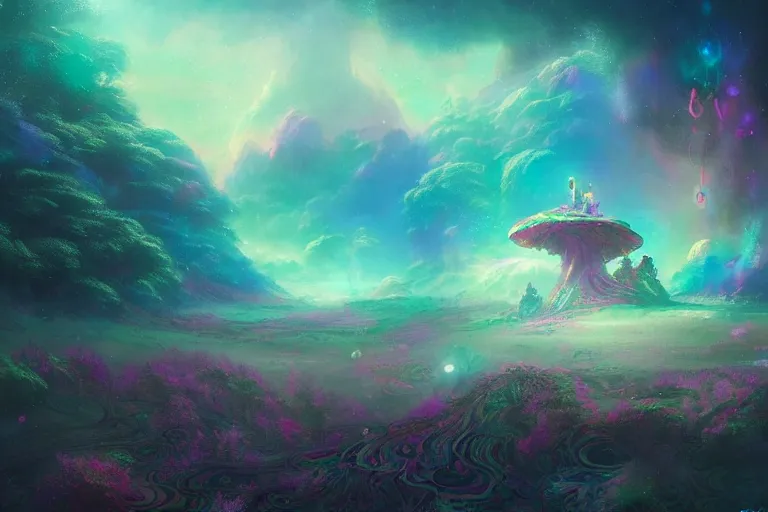 Image similar to a psychedelic realm at the edge of the known universe, astral beings sharing love!!!!, in the style of greg rutkowski! and wlop and lisa frank! and bob ross!!! and ruan jia, illustration, epic, fantasy, hyper detailed, smooth, unreal engine, sharp focus, ray tracing