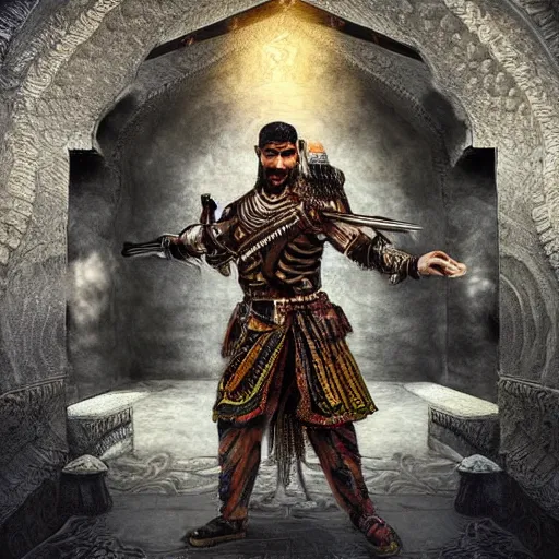 Image similar to “ full body, afghan warrior, an afghan male type, standing in - front of god ’ s house, highly intricate detailed, light and shadow effects, intricate, highly detailed, digital painting, art station, concept art, smooth, sharp focus, illustration, advanced digital art, atmospheric lighting, detailed face, 8 k, hq ”