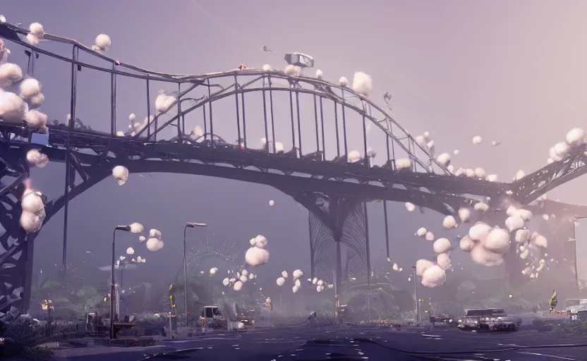 Image similar to a big harbour bridge is destroyed by explosions in the form of white cotton plants, 3 d octane render, epic lighting, 8 k, by goro fujita