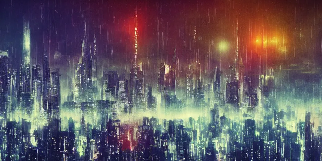 Prompt: 3 5 mm atmospheric futuristic skyline showing flying cars blade runner megacity skyline with towering mega - skyscrapers, falling rain, neon, industrial fires and smog, oil painting, cinematic composition, dramatic cinematography