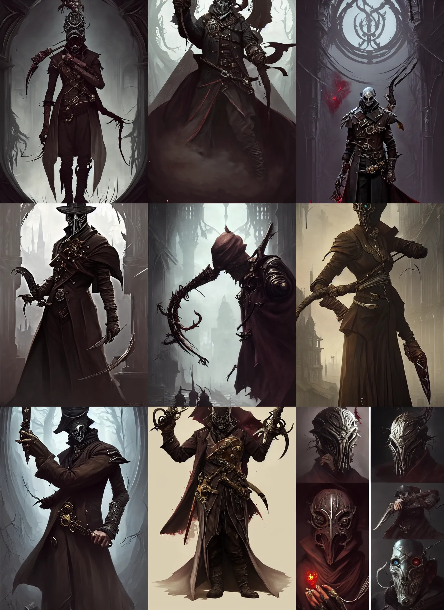 Prompt: characters from the game dishonored combined with bloodborne, d & d, fantasy, intricate, elegant, highly detailed, digital painting, artstation, concept art, matte, sharp focus, illustration, hearthstone, art by artgerm and greg rutkowski and alphonse mucha
