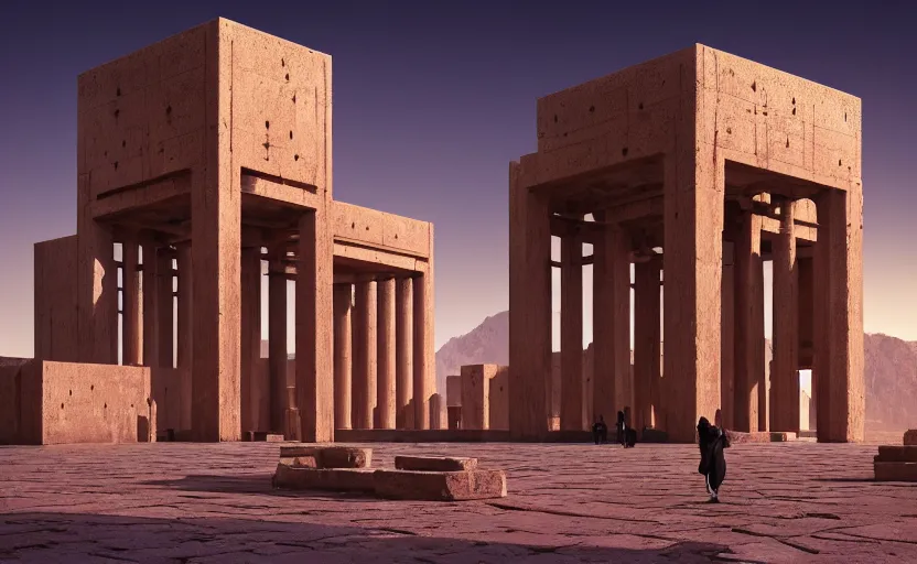 Image similar to exterior shot of utopian ancient persian architecture with cinematic lighting by peter zumthor and renzo piano, darek zabrocki and greg ruthkowski, simon stalenhag, cinematic, holy place, paradise, scifi, futurism, atmospheric, concept art, artstation, trending on artstation