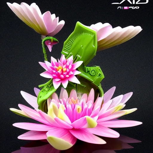 Image similar to futuristic nymphaea themed mecha waterlily flower for upper body android, cyberpunk, rococo, sci - fi movie, cinematic compositions, highly detailed, nymphaea, 8 k hd resolution, sazabi, biomechanical, bandai box art, makoto kobayashi, zaha hadid,