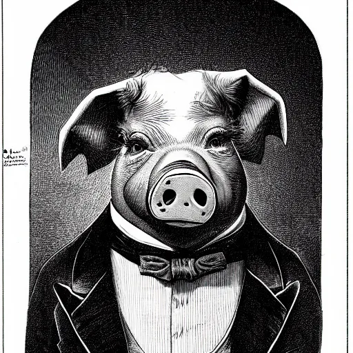 Prompt: a pig in a tuxedo, creepy atmosphere, dark, portrait, realistic portrait, close up, face, very realistic, illustration by Gustave Doré