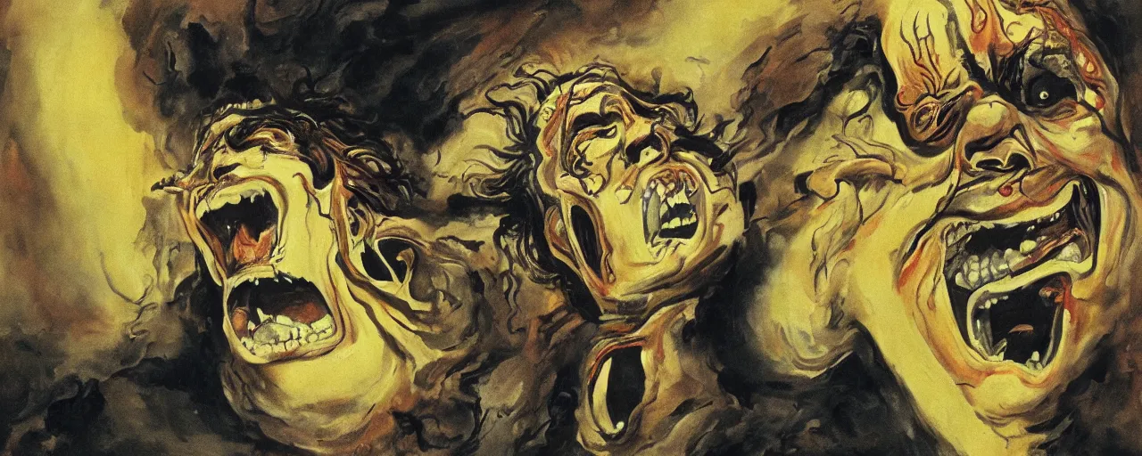 Image similar to portrait of a mad man screaming and melting in style of Yamato and Salvador Dali,