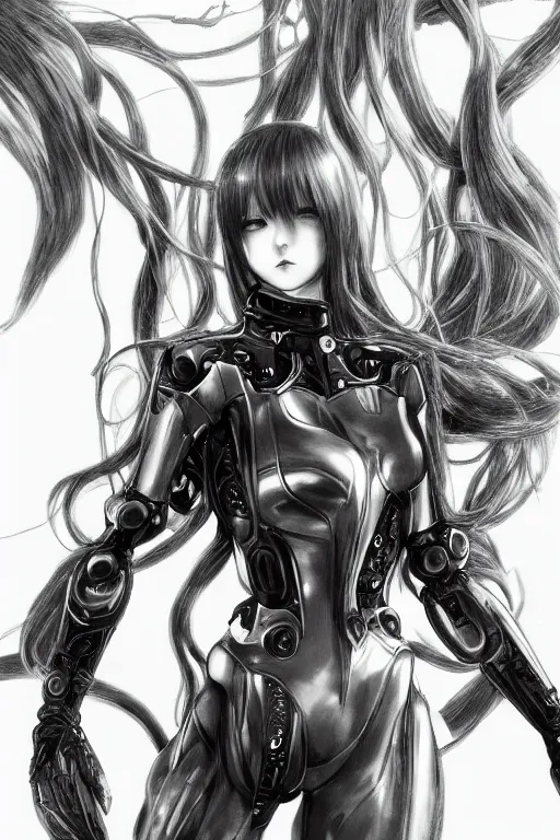 Image similar to a vertical portrait of a character in a scenic environment, black and white, dreamy, cybernetic suit, long straight black hair, highly detailed, by Yoshitaka Amano