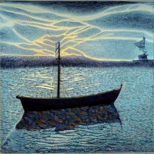 Prompt: A Boat, inkpainting, by Johfra Bosschart, Complex, 2010s, Bright, Rays of shimmering light, Plasmaglobe, 16k, Incoherent, Marquee, Infrared, 8k