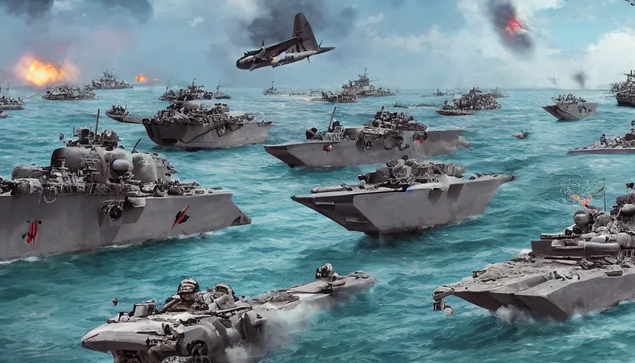 Image similar to d - day on miami beach, war, troops, boats, planes, explosions, hyperdetailed, artstation, cgsociety, 8 k