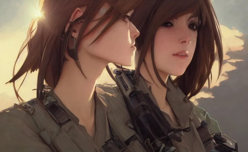 Image similar to a flying girl, fused aircraft parts, military pilot clothing, anime style, short hair, hair down, symmetrical facial features, from arknights, hyper realistic, 4 k, rule of thirds, extreme detail, detailed drawing, trending artstation, hd, realistic lighting, by alphonse mucha, greg rutkowski, shoulder eyes, backlit