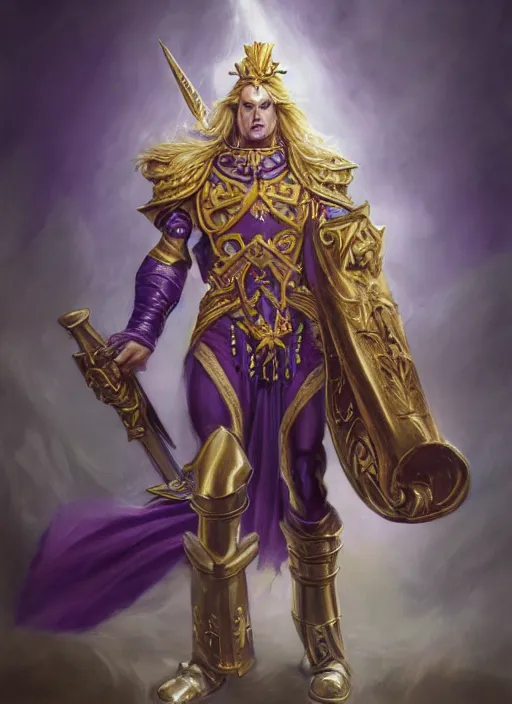 Image similar to Fulgrim a Warhammer 40k paladin, glorious LONG BLOND hair, by Ivan Aivakovsky, by Boris Vallejo, epic fantasy character art, D&D Concept Art, full length, Realistic, Regal, Refined, Detailed Digital Art, Oil Paining, Exquisite detail, post-processing, masterpiece, Cinematic Lighting, Unreal Engine, 8k, HD