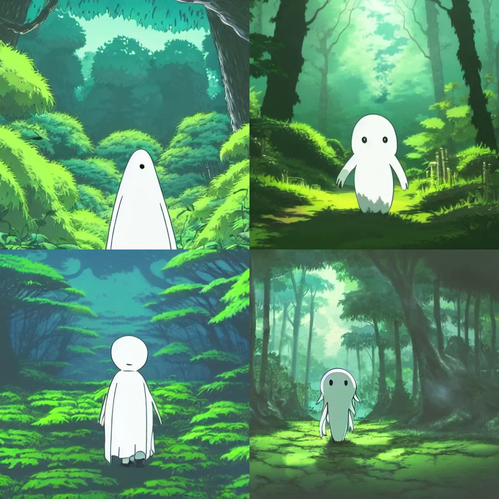 Prompt: a cute lonely ghost wandering in a lush forest by studio ghibli, detailed, vivid, wide angle, cinematic