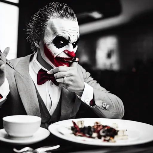 Image similar to heath ledger joker eating at a fancy restaurant with deadpool, 85mm f/1.4