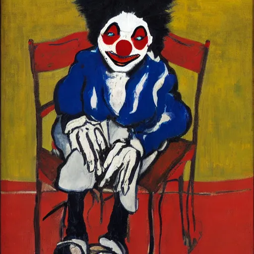 Image similar to painting of a clown sitting on a chair, staring at you, by georg baselitz