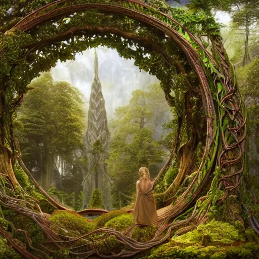 Image similar to a beautiful and highly detailed matte painting of an elven temple in a magical fantasy garden in a lush forest in the mystical mountains, celtic knots, tangled roots, knotted vines, intricate details, epic scale, insanely complex, 8 k, sharp focus, hyperrealism, very realistic, by caspar friedrich, albert bierstadt, james gurney, brian froud,