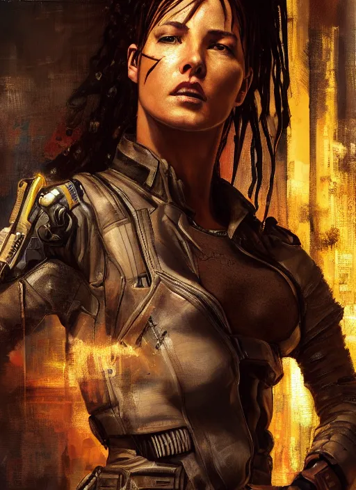 Prompt: sarah kerrigan. cyberpunk mercenary in a military vest ( blade runner 2 0 4 9, cyberpunk 2 0 7 7 ). orientalist portrait by john william waterhouse and james gurney and theodore ralli and nasreddine dinet, oil on canvas. cinematic, hyper realism, realistic proportions, dramatic lighting, high detail 4 k