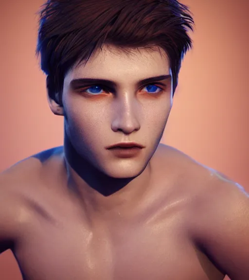 Prompt: photo realistic render of the most handsome young man in the world, he is seductive, beautiful, perfect and has multicoloured eyes that shine