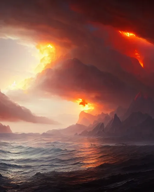 Image similar to matte painting,Epic scene, Fire Phoenix,sea,cloud,by greg rutkowski and Richard Lay,in volumetric lighting, Trending on artstation,HD