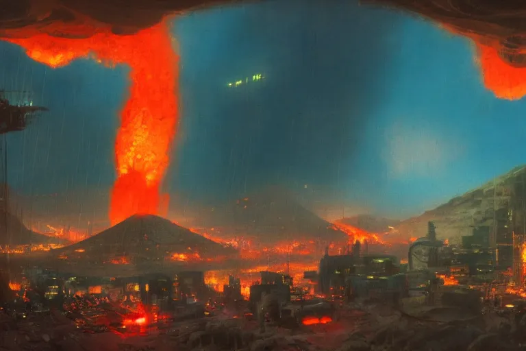 Image similar to a cyberpunk city in the crater of a volcano, lava flowing, smoke, fire, industrial, by paul lehr