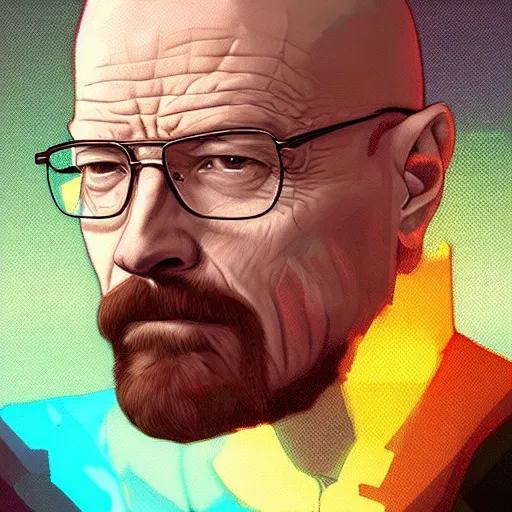 Prompt: high quality illustration, walter white realistic portrait, cyberpunk, alphonse mucha, riot game, beautiful, epic camera, alexandre bourlet, colorful background, arcane, lois van baarle, league of legend, digital painting, james jean, dynamic colors, greg rutkuwsky, artstation, concept art, neon