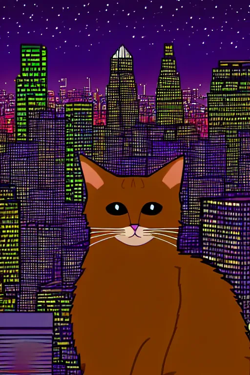 Image similar to cat overlooking bustling downtown city at night, pixel digital artstyle HD