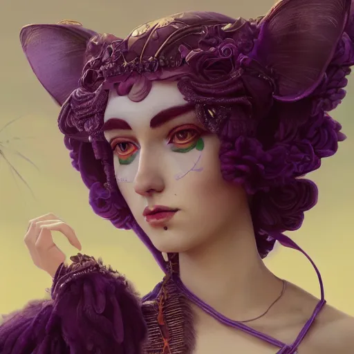 Image similar to picture generation, soft painting curiosities carnival, beautiful female anthropomorphic cat in full long dress, accurate features, focus, very intricate ultrafine details, black white purple volumetric clouds, award winning masterpiece, octane render 8 k hd, tom bagshaw artstyle