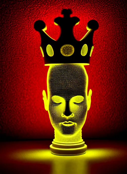 Prompt: queen chess piece photo, crown made of led point lights, pearlescent skin, skin made of led point lights, very detailed, highly detailed background, reflective chessboard, photorealism, sharp focus, photorealism, soft diffuse autumn lights, some sunlight ray, dark room wall, canon 5 d 5 0 mm lens