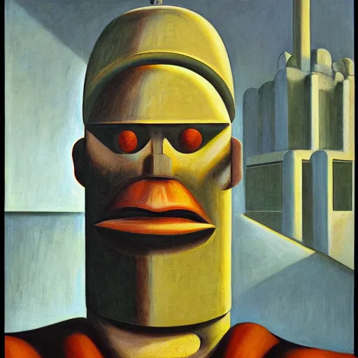 Image similar to brutalist giant sacred robot visage, portrait, cathedral, dystopian, pj crook, edward hopper, oil on canvas