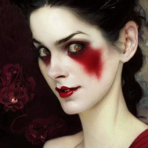 Prompt: portrait of a very beautiful vampire by Stanley Artgerm Lau , greg rutkowski, thomas kindkade, alphonse mucha, loish, norman rockwell, J. C. Leyendecker. dark black hair, pale skin, detailed eyes, red lips, smiling, looking straight. Trending on artstation rule of thirds detailed ink painting hd 4k