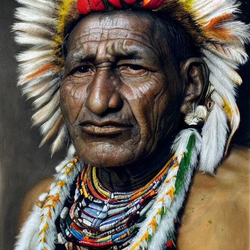 Prompt: high quality high detail painting by lucian freud, hd, portrait of a indian tribe leader, photorealistic lighting