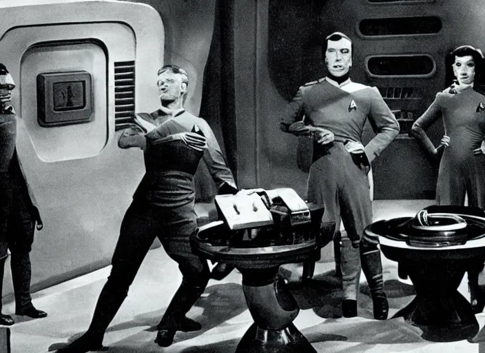 Prompt: Scene from the 1916 science fiction series Star Trek