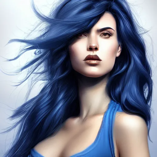 Image similar to a stunning upper body portrait of a beautiful woman with raven hair with a blue tint blowing in the wind by marvel comics, digital art, trending on artstation