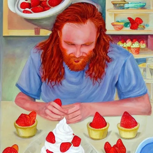 Prompt: painting of redhead bearded boyfriend making strawberry shortcake topped with whipped cream