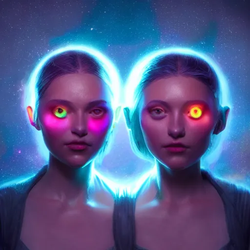 Image similar to cosmic twins, huggy wuggy from poppy playtime video game, fullbody, ultra high detailed, glowing lights, oil painting, greg rutkowski, charlie bowater, beeple, unreal 5, daz, hyperrealistic, octane render, rpg portrait, dynamic lighting, fantasy art, beautiful face