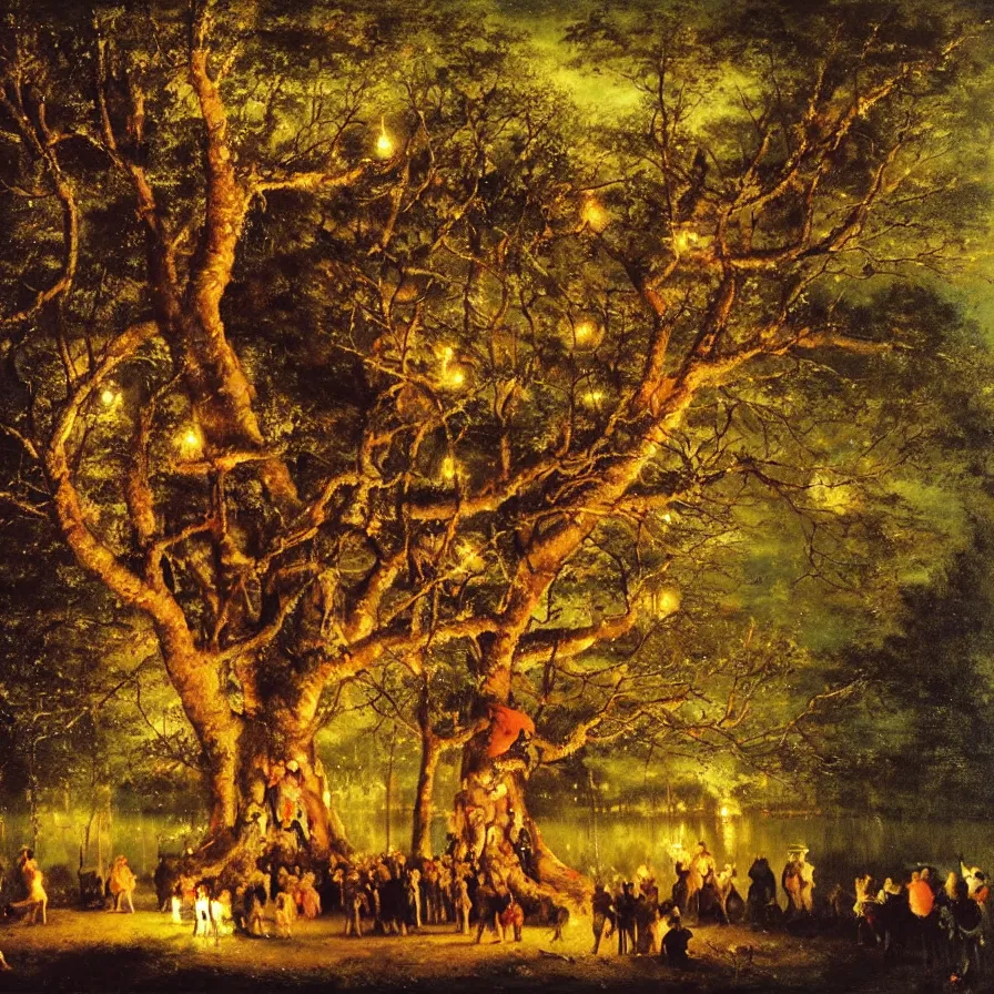Prompt: a night carnival around a magical tree cavity, with a surreal orange moonlight and fireworks in the background, next to a lake with iridiscent water, christmas lights, folklore animals and people disguised as fantastic creatures in a magical forest by summer night, masterpiece painted by gustave courbet, mark keathley, dark night environment
