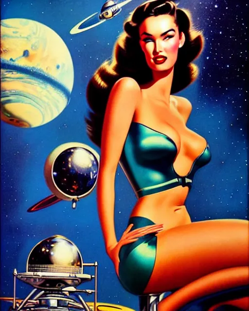 Image similar to closeup beautiful retro space megan fox varga girl, posing on a chrome space ship in diesel punk city, windblown dark hair, seductive, hyper detailed, digital art, smooth, sharp focus, gil elvgren, anna dittmann alberto vargas, 1 9 5 0, when mars attacks