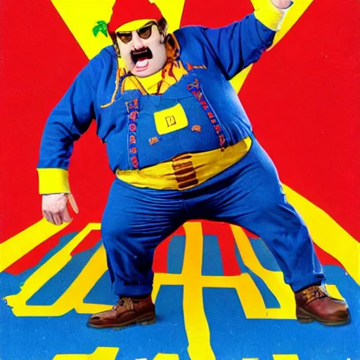 Image similar to live-action-Wario-hollywood movie casting, played byJohn Belushi, posing for poster photography