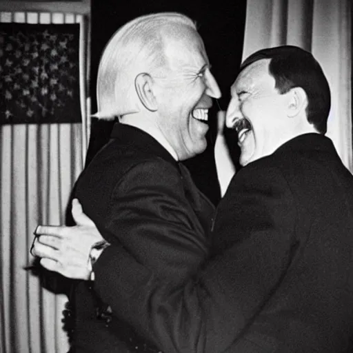 Prompt: “Very photorealistic photo of Hitler and Joe Biden laughing together, award-winning details”