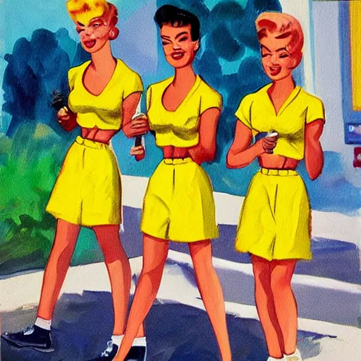 Image similar to a painting of three teenagers with rockabilly haircuts holding yellow popsicles and looking at women in the streets in the 1 9 5 0 s high details