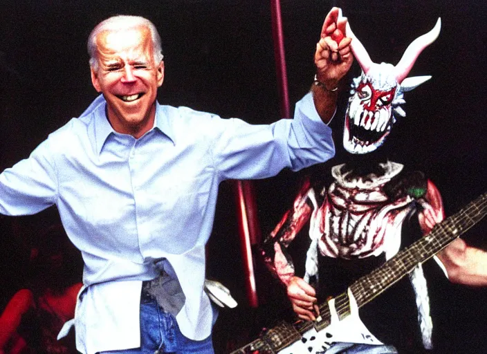 Image similar to publicity photo still of joe biden in gwar live on stage 1 9 9 8, 8 k, live concert lighting, mid shot