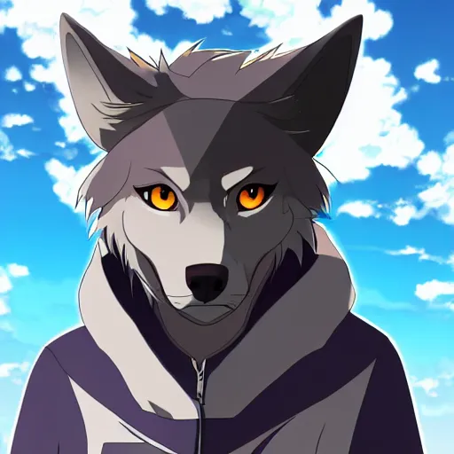 Image similar to key anime visual portrait of a handsome male anthro wolf furry fursona with beautiful eyes, wearing a hoodie, official modern animation